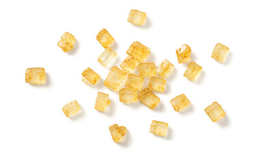 close up of yellow sugar crystal isolated on white background