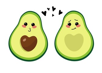 Cute couple of avocados with hearts. Emoji kiss and embarrassment. Design for t-shirts, postcards, for Valentine's Day. Vector illustration.