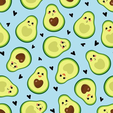 Seamless pattern with the image of emoji avocado and hearts on a blue background. Design for paper, textile and decor. Vector illustration.