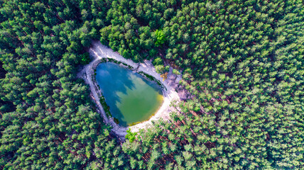 Aerial. Beautiful forest lake. Top view from drone.