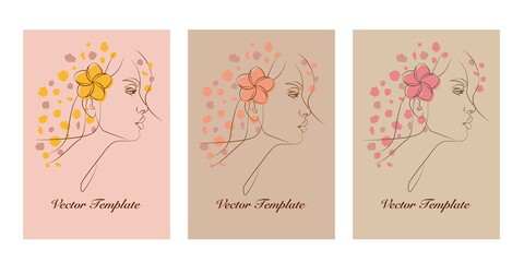 Vector set of abstract creative backgrounds in minimal trendy style with women face portrait with a Plumeria flower and copy space. design templates for social media stories