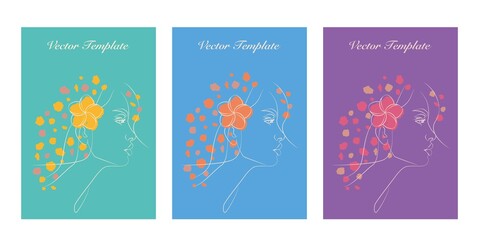 Vector set of abstract creative backgrounds in minimal trendy style with women face portrait with a Plumeria flower and copy space. design templates for social media stories