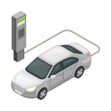 Electrocar or Motor Vehicle Charging Accumulator Battery as Smart City Isometric Vector Illustration