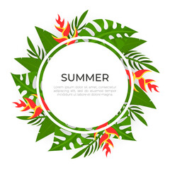 Summer Time Vacation with Circle Arrangement of Tropical Foliage and Flora Vector Template