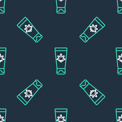 Line Medical cream with marijuana or cannabis leaf icon isolated seamless pattern on black background. Mock up of cannabis oil extracts in jars. Vector