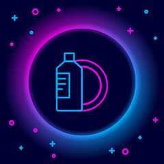 Glowing neon line Dishwashing liquid bottle and plate icon isolated on black background. Liquid detergent for washing dishes. Colorful outline concept. Vector
