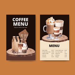 Menu template with coffee concept watercolor illustration