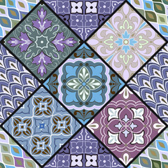 Colorful floral seamless hand drawn ornamental east pattern in patchwork boho chic style from rhomb, in portuguese and moroccan motif