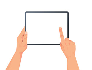 human hands holding tablet pc with blank touch screen using digital device concept isolated