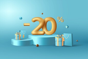 20% Off. 3D Gold Discount numbers on podium with shopping bag and gift box vector. Price off tag design on blue background vector illustration