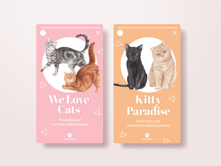 Instagram template with cute cat concept watercolor illustration