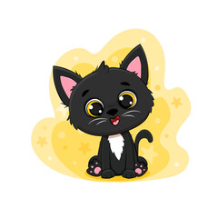 Cute cartoon black kitten a yellow background. Black cat with yellow eyes 