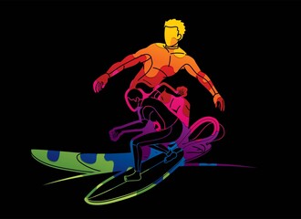 Obraz na płótnie Canvas Surfer Action Group of Surfing Sport Man and Woman Players Cartoon Graphic Vector