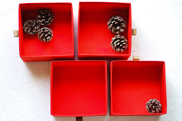 Acorns inside red colored boxes showing the concept of Christmas, Holidays and Gift Giving Season