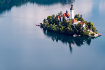 Lake Bled in Slovenia viewed from above showing the pilgrimage church