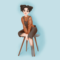 A beautiful young girl sits on a chair in loose clothes.