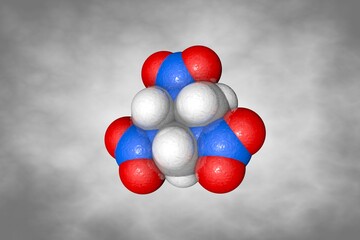 Space-filling molecular model of cyclonite. Atoms are represented as spheres with conventional color coding: carbon (grey), nitrogen (blue), oxygen (red), hydrogen (white). 3d illustration