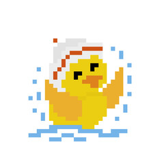 Little duck pixels swimming on the water. Vector illustration for 8 bit game and cross stitch pattern.