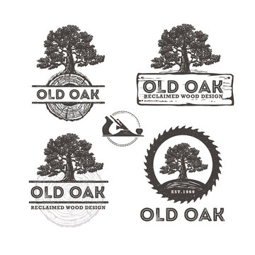 Old Oak Reclaimed Barn Wood Craft Rustic Sign Design Concept. Workshop Artisanal Logo. Natural Vector Banner Illustration Set
