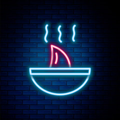 Glowing neon line Shark fin soup icon isolated on brick wall background. Colorful outline concept. Vector