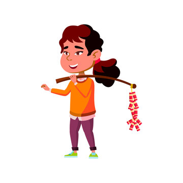 chinese cute girl child carrying fireworks cartoon vector. chinese cute girl child carrying fireworks character. isolated flat cartoon illustration