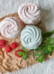 Fototapeta na wymiar Homemade marshmallows with summer fruits.