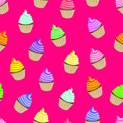 Vector colorful cupcakes Seamless Pattern, bright magenta color, background template.
