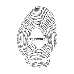 A human fingerprint with the inscription "Password" inside. Concept of coordinated access. Password on the phone.