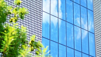 Obraz premium Blue sky and clouds reflected in windows of modern office building. Modern glass facade. 