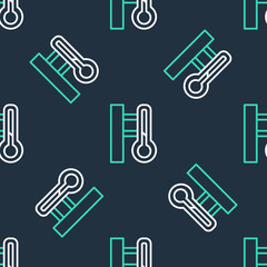 Line Meteorology thermometer measuring icon isolated seamless pattern on black background. Thermometer equipment showing hot or cold weather. Vector