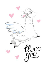 Cute white fluffy llama flying with pegasus wings surrounded by pink hearts and phrase love you. Hand drawn animal for greeting card wall art for kids room nursery. Stock vector illustration isolated.