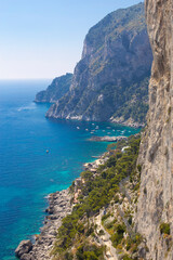 Fototapeta na wymiar View of the coastline of the island of Capri, Italy, with one of its seaside rock formations known as the Faraglioni, vertical photo