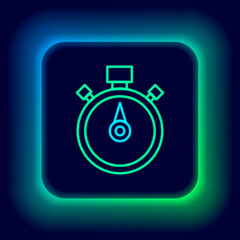 Glowing neon line Stopwatch icon isolated on black background. Time timer sign. Chronometer sign. Colorful outline concept. Vector
