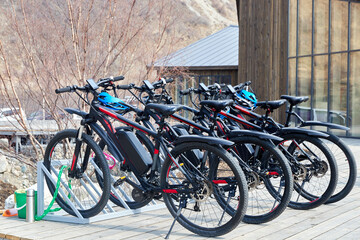 bicycles for rent in the parking lot near the tourist center