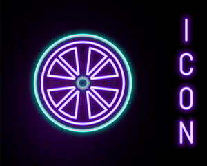 Glowing neon line Alloy wheel for a car icon isolated on black background. Colorful outline concept. Vector
