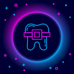 Glowing neon line Teeth with braces icon isolated on black background. Alignment of bite of teeth, dental row with with braces. Dental concept. Colorful outline concept. Vector