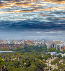Fototapeta premium Aerial view of Barcelona skyline at dusk, Spain