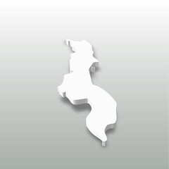 Malawi - white 3D silhouette map of country area with dropped shadow on grey background. Simple flat vector illustration.