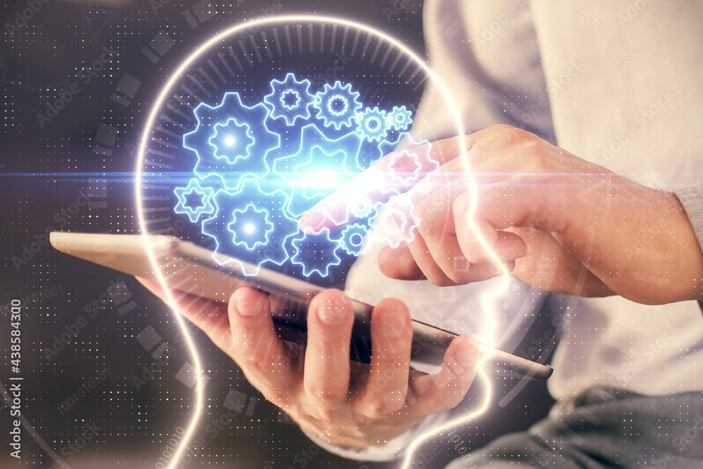 Poster double exposure of man's hand holding and using a digital device and brain hologram drawing. data co
