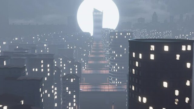 Aerial view of urban futurism city skyline with skyscrapers buildings, digital future technology, cars passing by on night streets. 3D render seamless loop animation of modern architecture concept