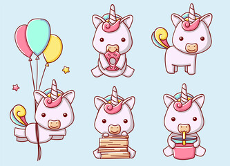 set of cute unicorn in various poses, cartoon style