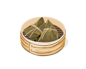 Isolated Zongzi, sticky rice dumpling in bamboo basket. Wrapping Zongzi sticky rice dumpling.  Close up hand drawing vector illustration. Chinese traditional food Dragon boat festival.