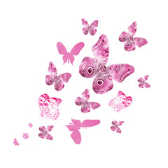 Flock of silhouette butterflies on white