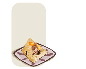 Isolated plate of Zongzi, sticky rice dumpling on white background. Unwrapping Zongzi sticky rice dumpling.  Close up hand drawing vector illustration. Chinese traditional food Dragon boat festival.