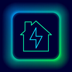 Glowing neon line House and lightning icon isolated on black background. Home energy. Colorful outline concept. Vector