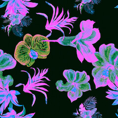 Green Hibiscus Foliage. Pink Flower Design. Purple Watercolor Set. Gray Floral Painting. Seamless Jungle. Pattern Textile.Tropical Painting. Nature Design.