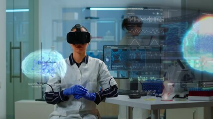 Scientist in lab wearing VR goggles working on augmented reality virtual holograms. Lab research with 3D render futuristic holograms, health care scientific. VFX and real medical doctor footage - Powered by Adobe