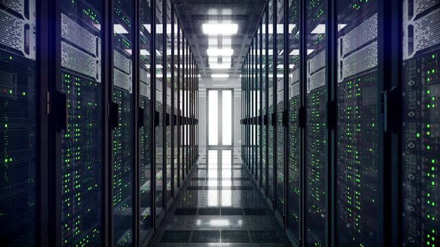 Servers racks walkthrough in Modern data center. Cloud computing datacenter server room. Cloud computing data storage 3d rendering. 4k UHD animation