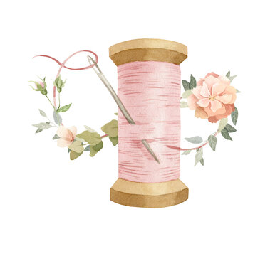 Watercolor spool of thread with a needle decorated with flowers. Soft pastel colors.