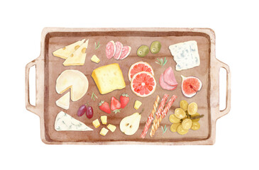 Watercolor hand painted illustration - food, snacks, cheese, sausages, fruits, vegetables on a wooden board, tray.